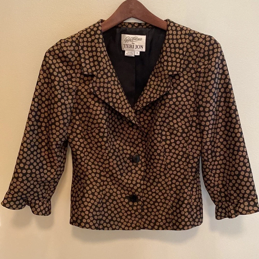 100% Silk Vtg Inspired Jacket 2 Button Polka Dot Chocolate Brown Black 6